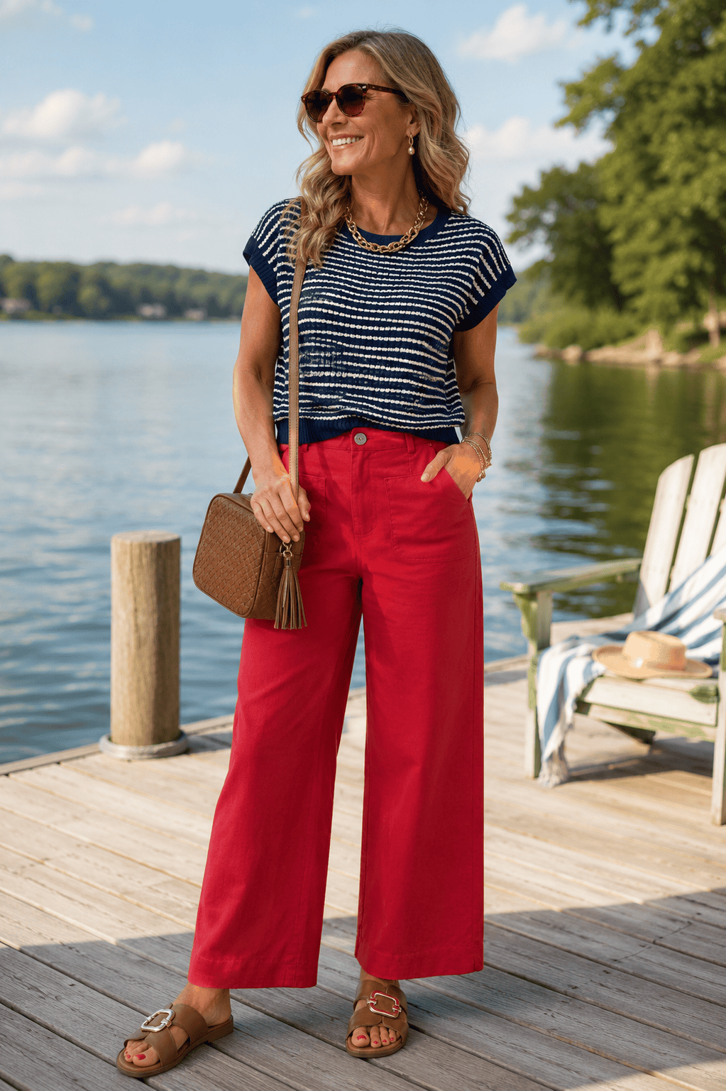 red pants and navy short sleeve sweater outfit