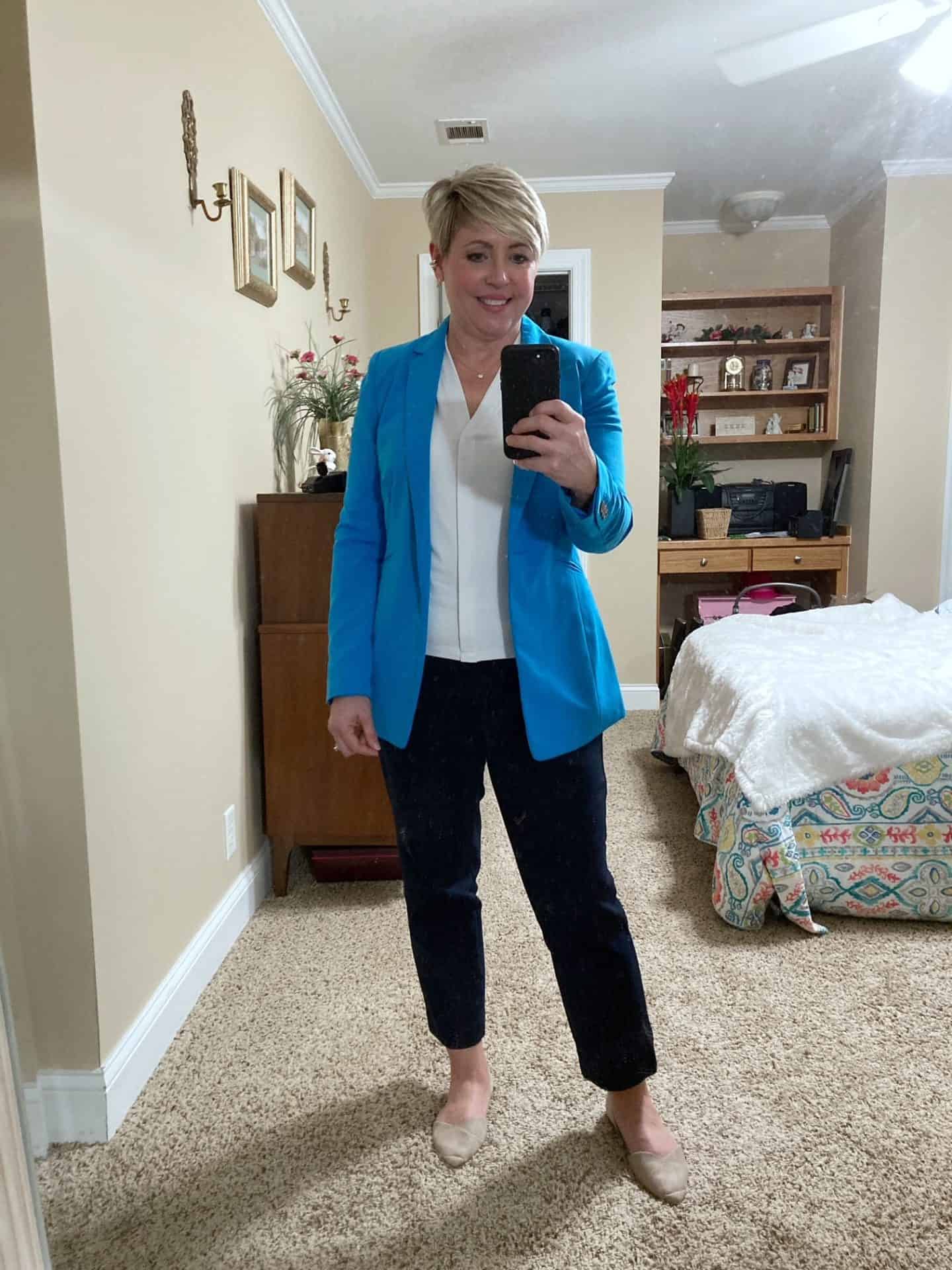 bright blue blazer with navy pants office outfit