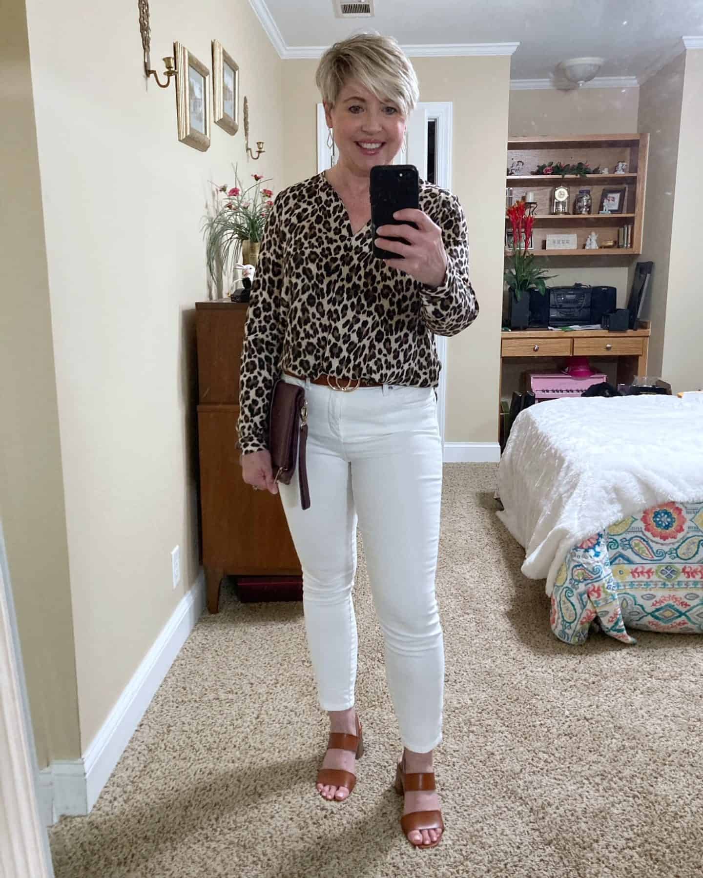 leopard print top with white jeans outfit