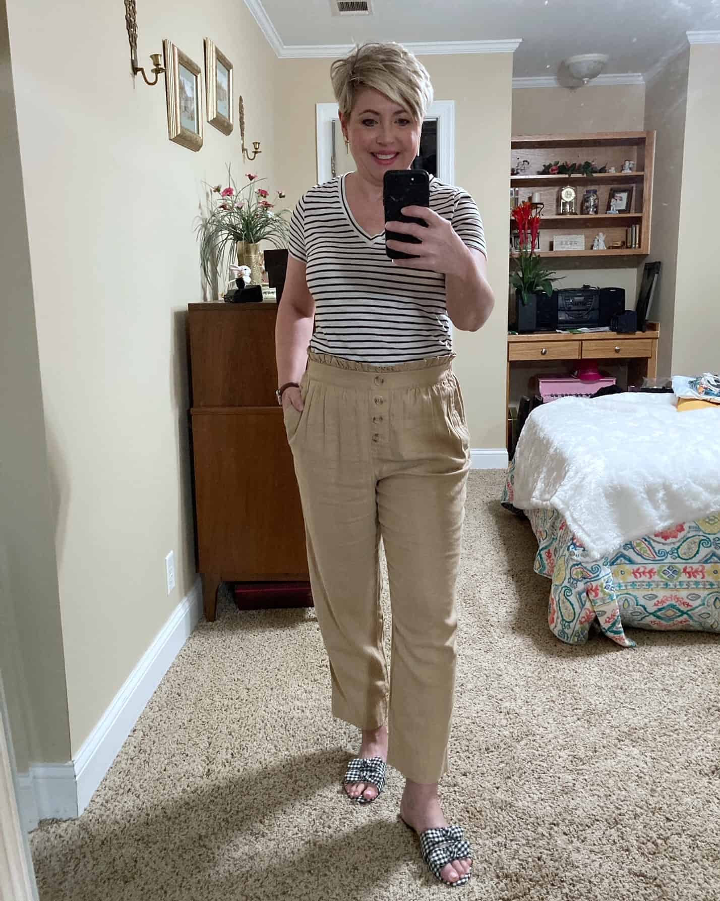 paperbag waist pants and gingham slides
