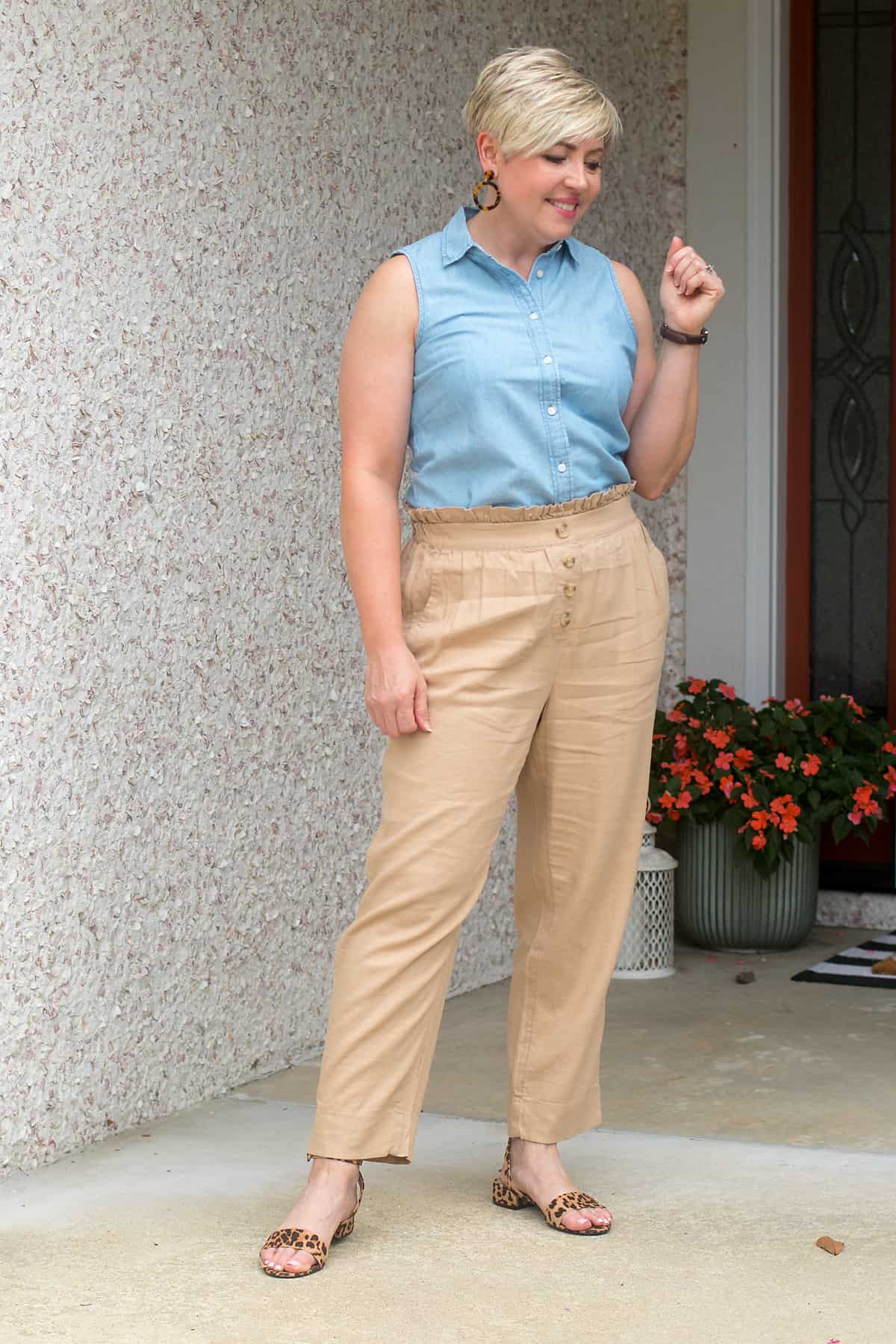 chambray shirt and paper bag waist pants summer outfit