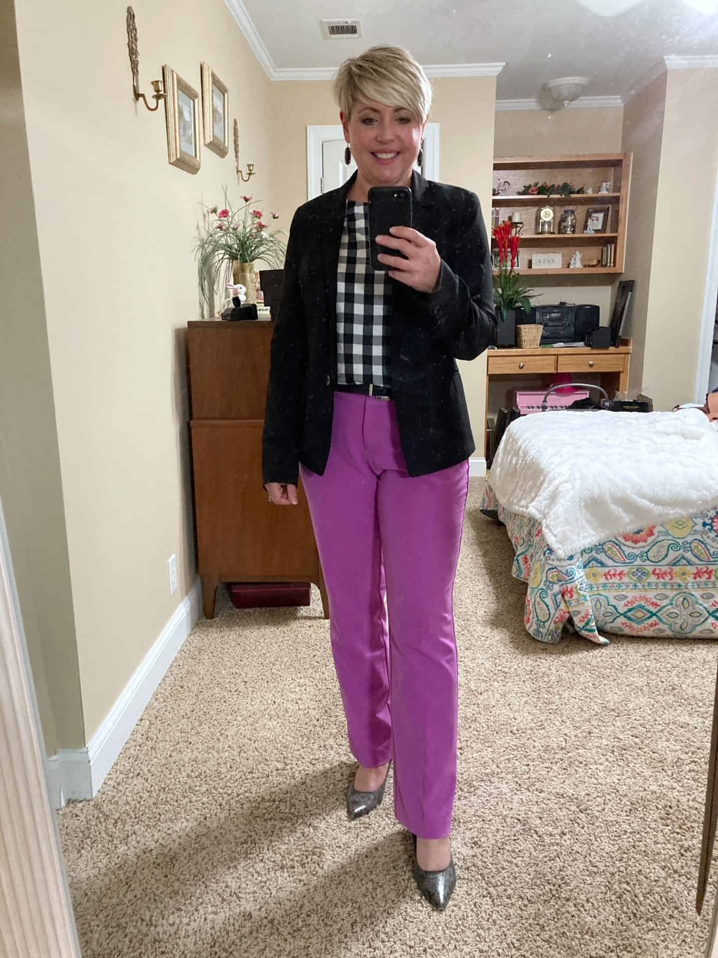 business casual work wear with bright pants