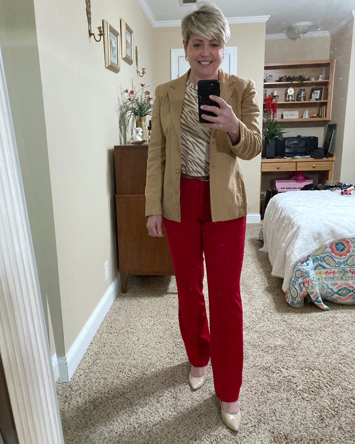camel blazer and red pants workwear outfit