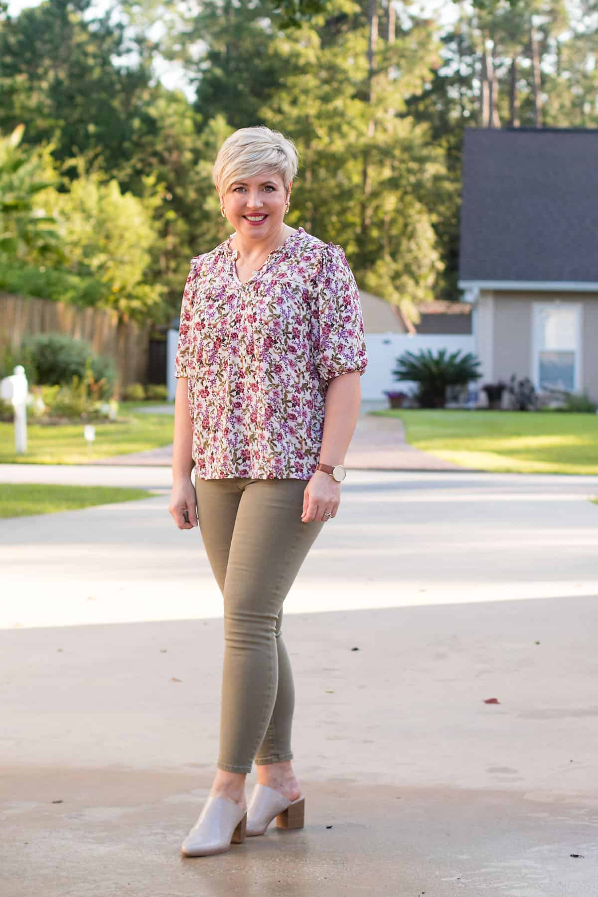 fall shirt with olive jeans