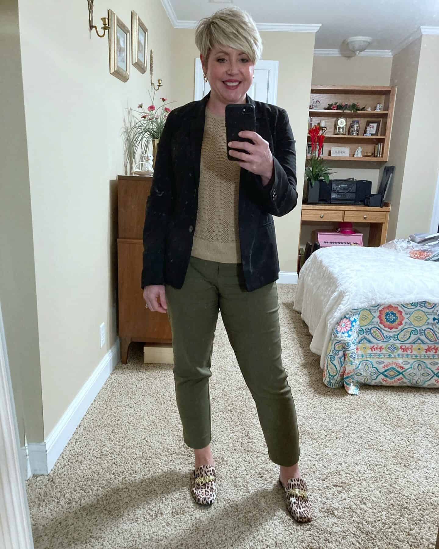 olive pants work outfit