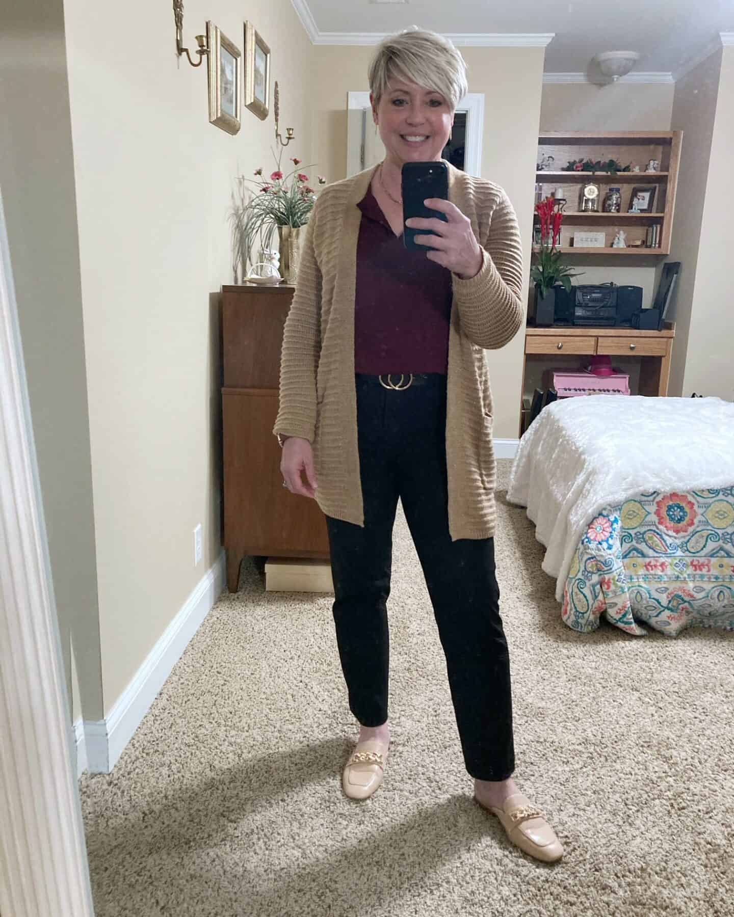 camel cardigan teacher outfits