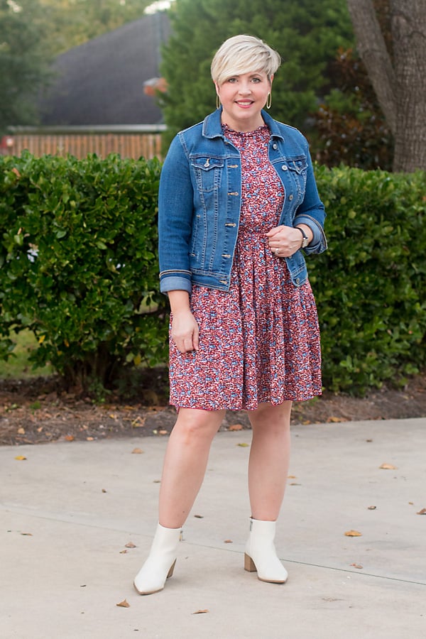 denim jacket with dress fall outfit