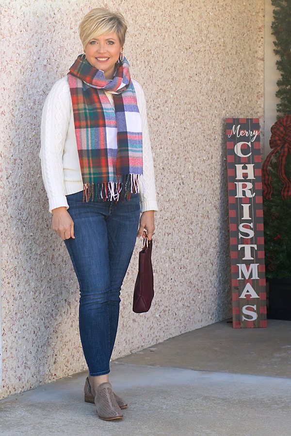 plaid scarf and cream sweater outfit winter wardrobe essentials