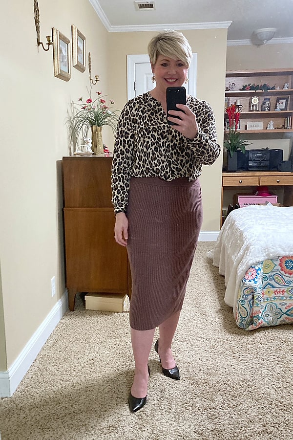 knit skirt with leopard blouse