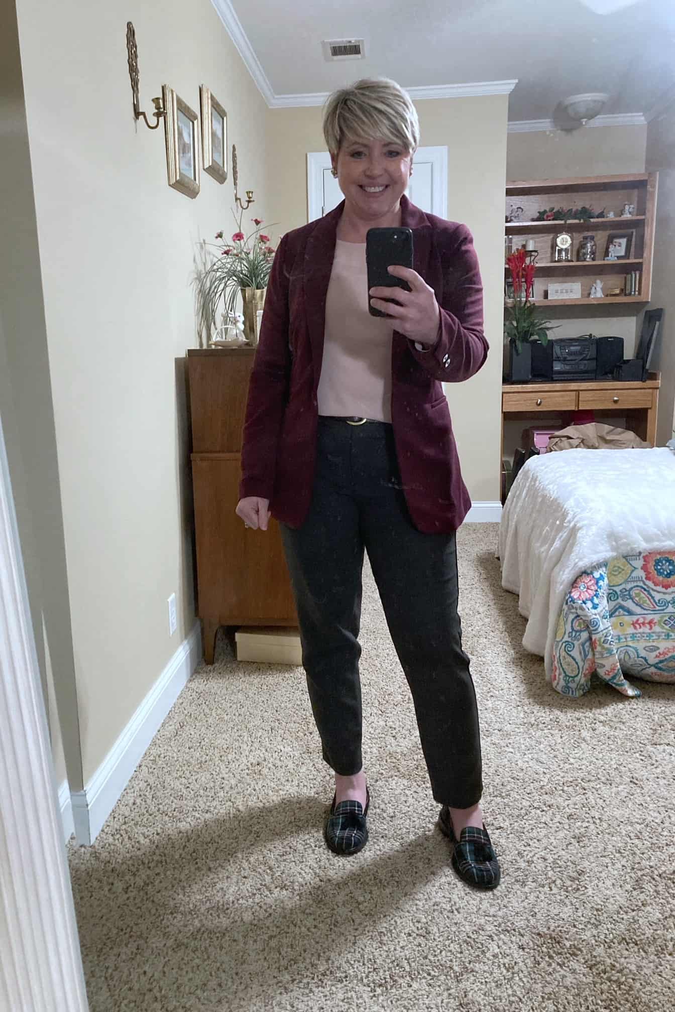 Burgundy blazer with clearance jeans