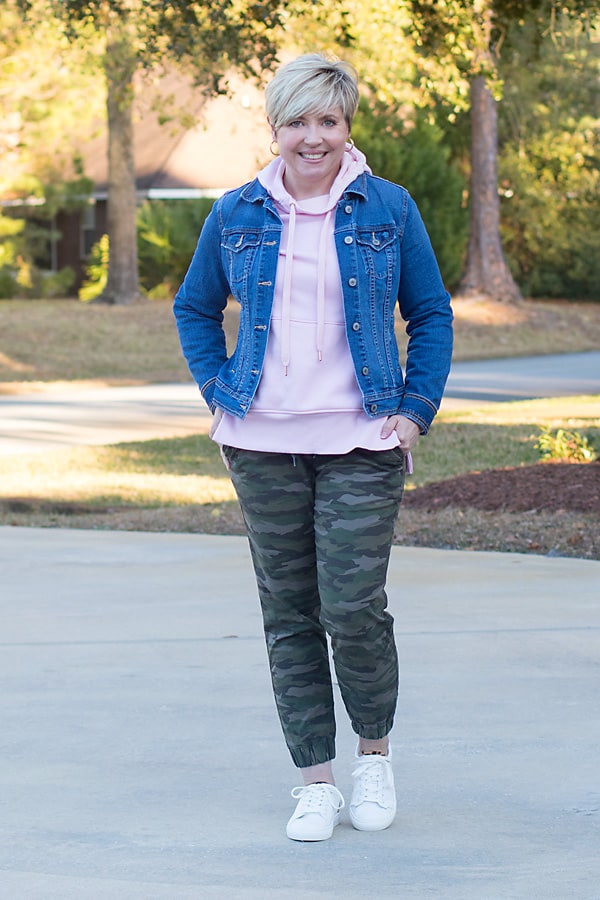 hoodie with jean jacket and camo joggers