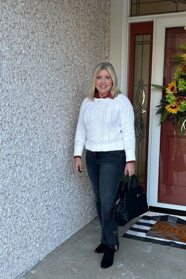 crewneck sweater with plaid shirt