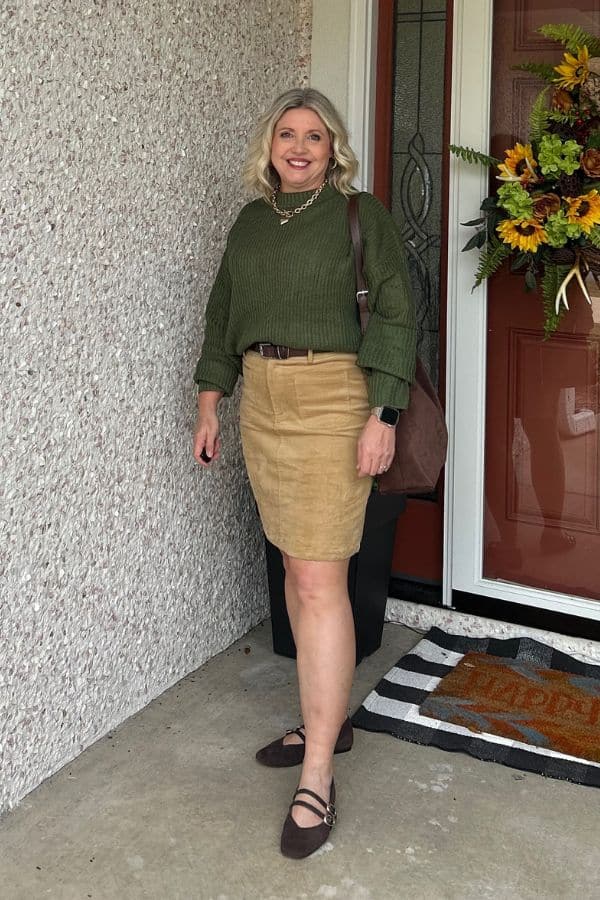 crew neck sweater and corduroy skirt outfit