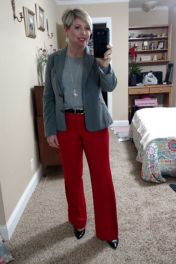 women's grey blazer outfit with red pants