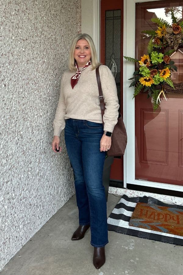 crewneck sweater with skinny scarf