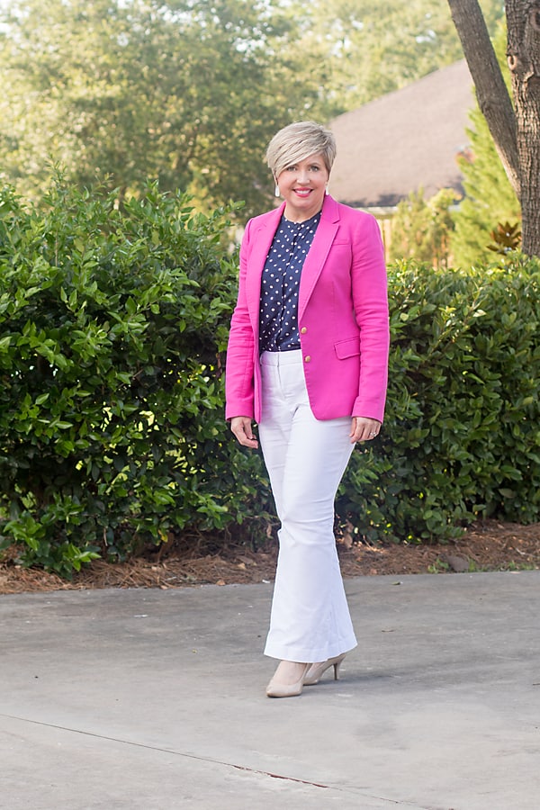 hot pink blazer outfit ideas with white and navy