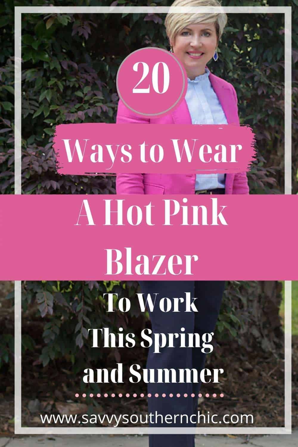 a bright work outfit with a hot pink blazer, a white tee, navy