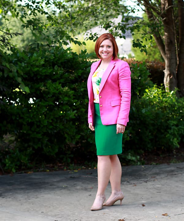 hot pink blazer and kelly green skirt