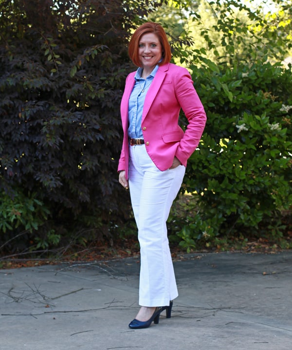 hot pink, blue and white work wear