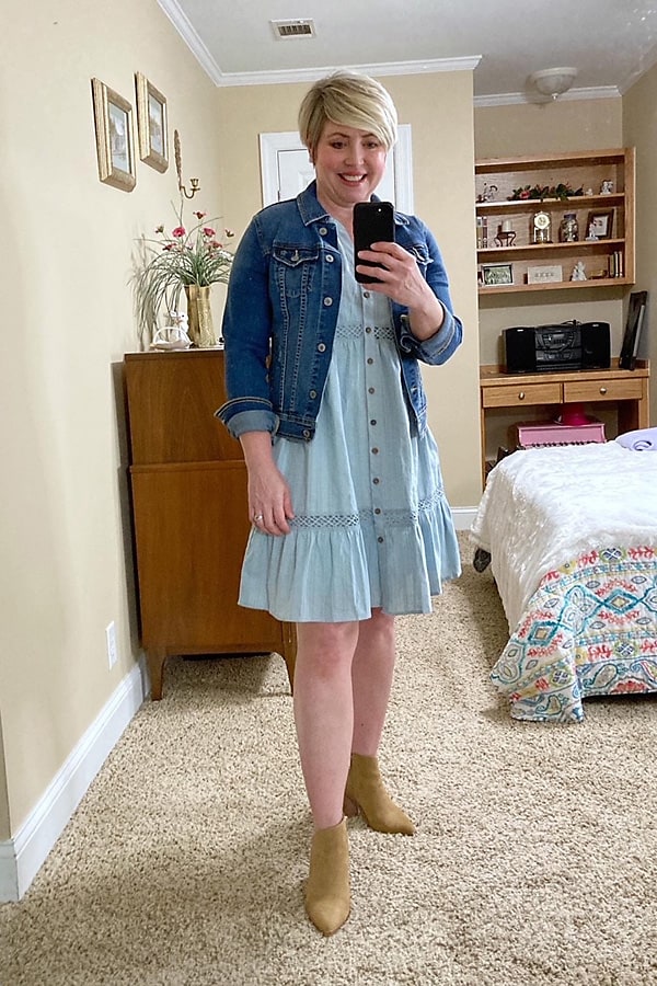 early spring dress outfit with denim jacket and boots