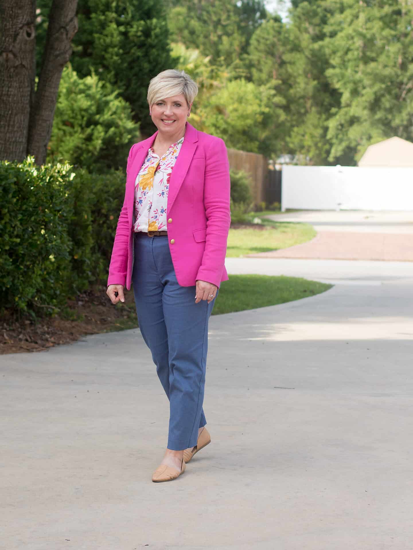 Pink blazer blue discount pants