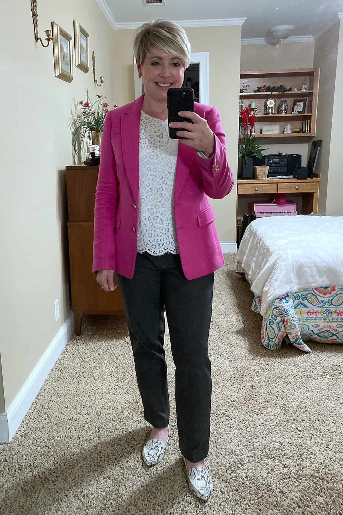 Pink Jeans Outfit with Grey Cardigan