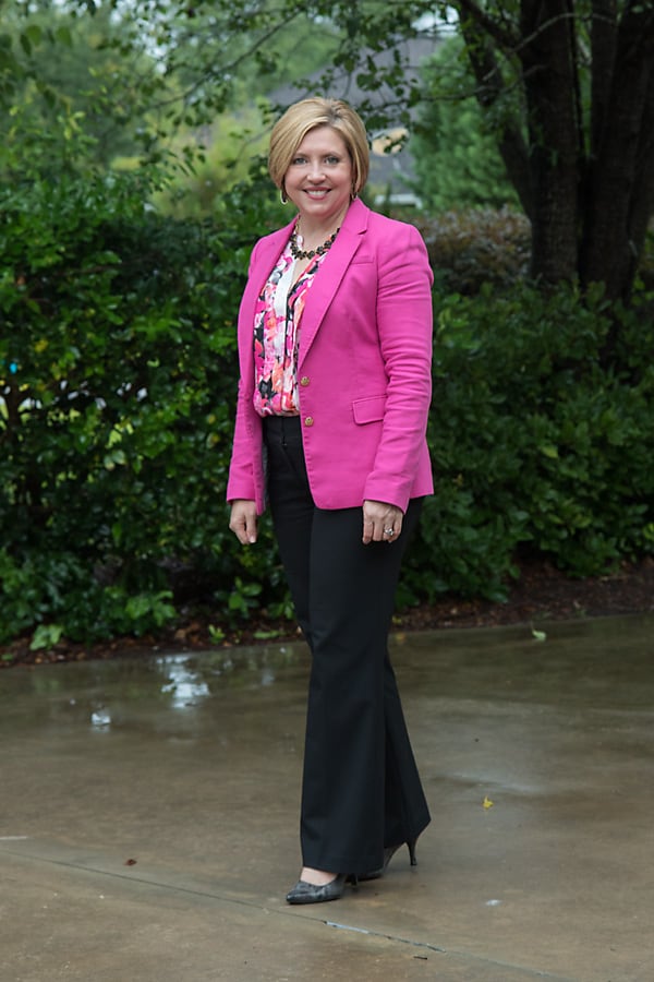 hot pink blazer and floral top