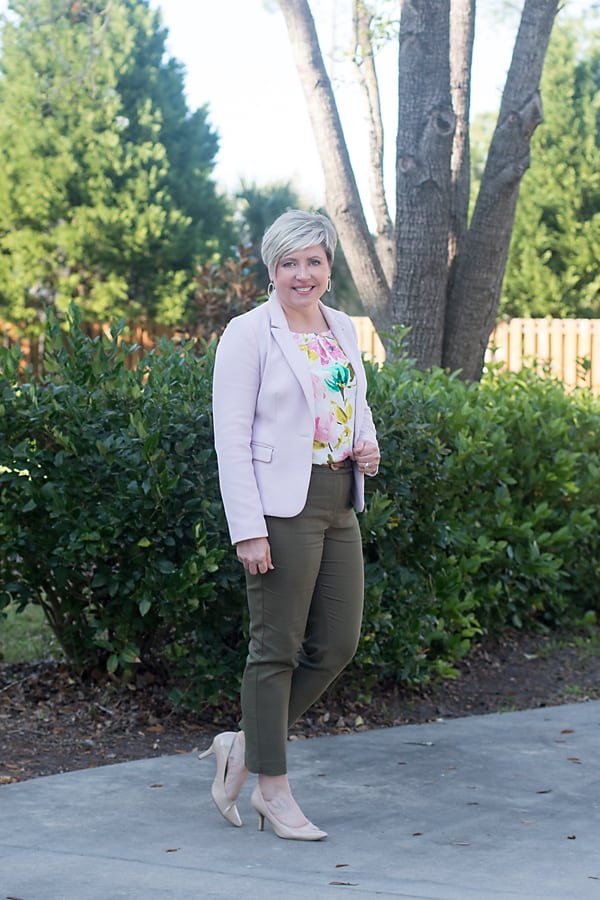 olive green pants outfit with blush blazer