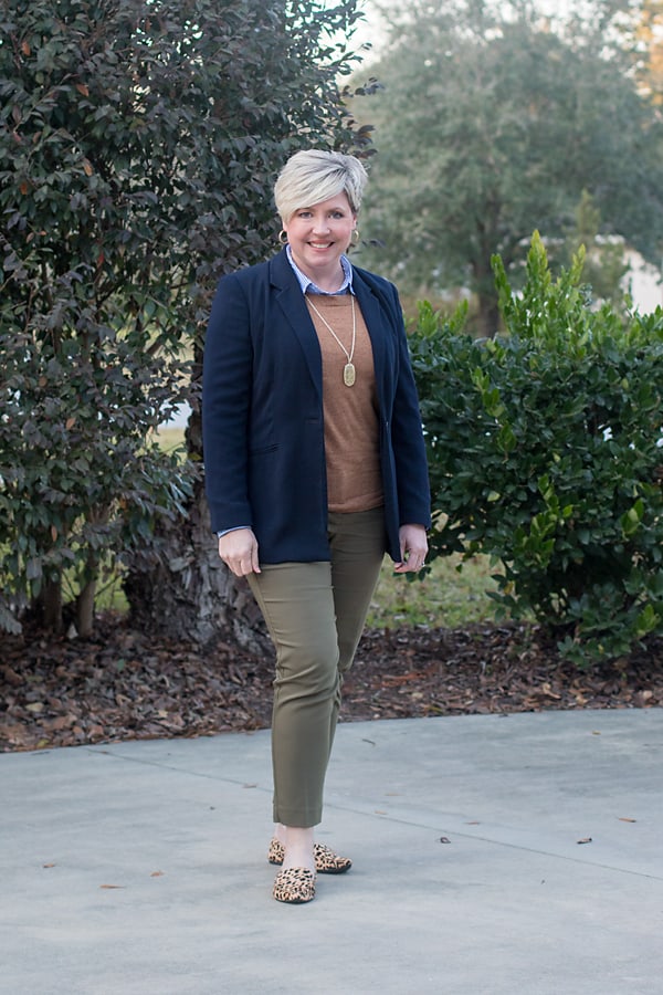 olive pants with navy blazer