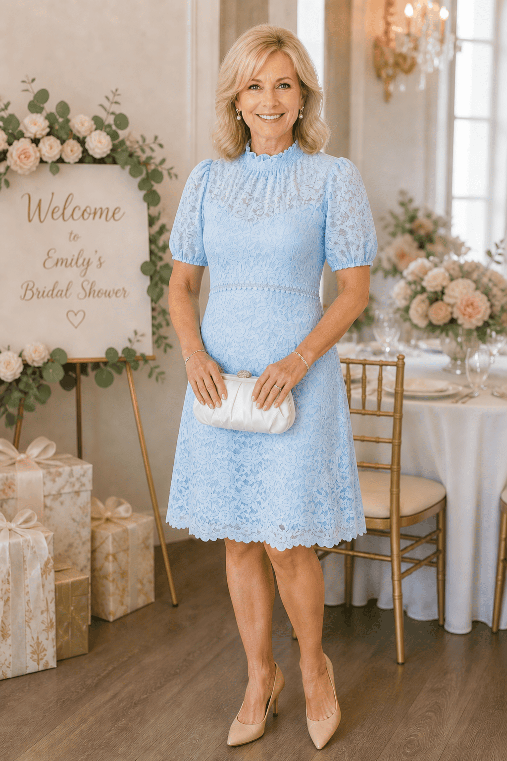 50+ woman in blue lace dress for bridal shower 
