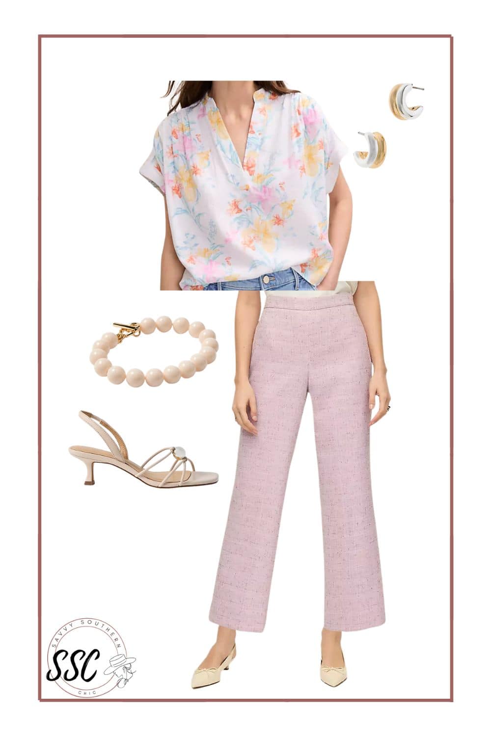floral top and tweed pants shower outfit