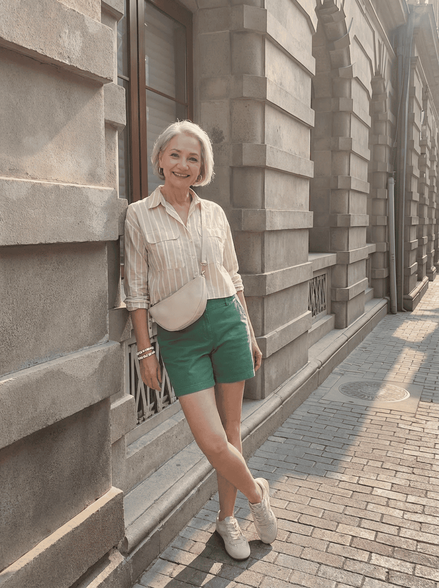 older woman in shorts outfit