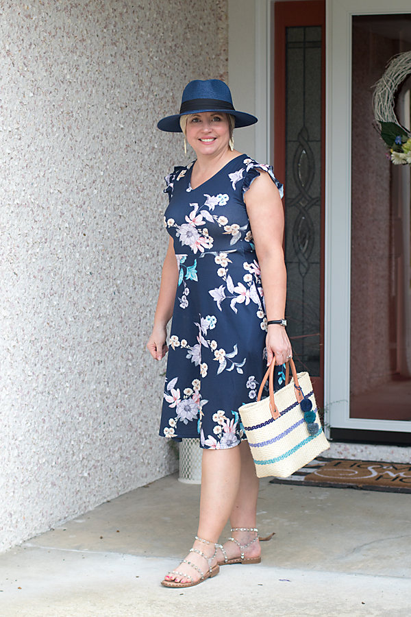 blue floral dress with hat