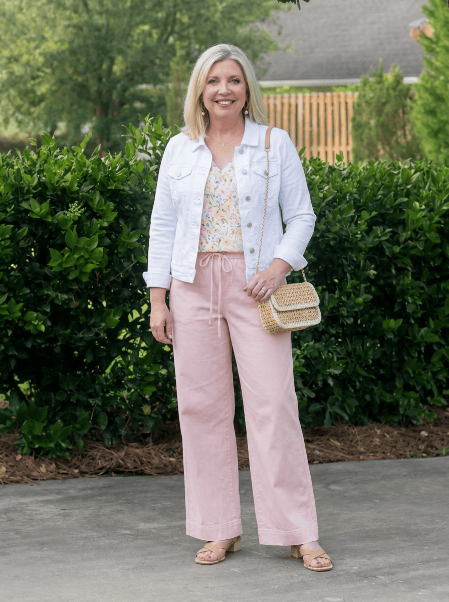 white denim jacket with pastel pink pants