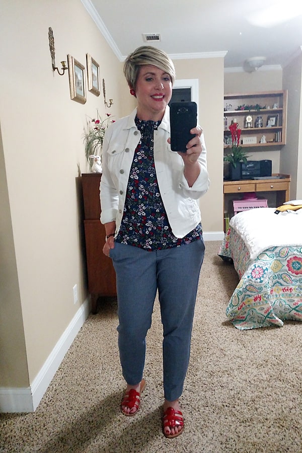 business casual with a white denim jacket