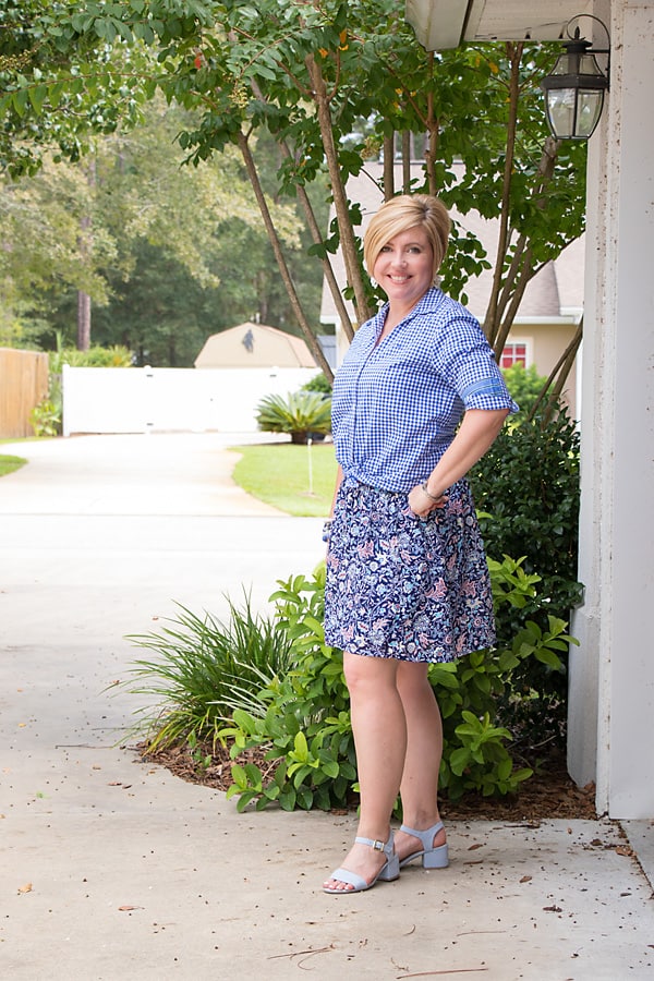 floral a-line skirt with knotted gingham button up