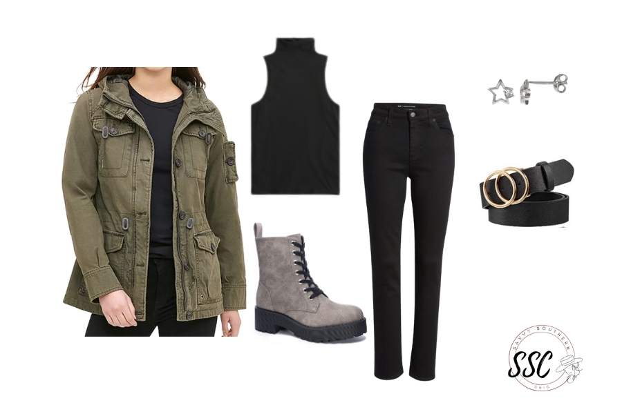 all black outfit with miliatry jacket