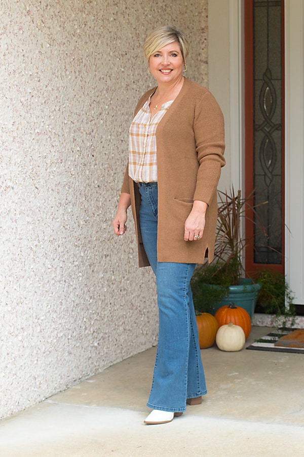 flare leg jeans and cardigan outfit