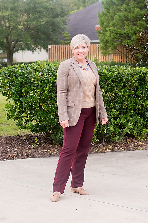 classy outfit with plaid blazer and burgundy pants