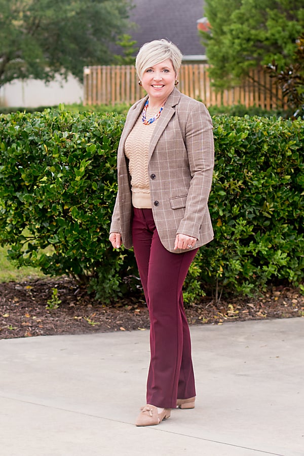 brown plaid blazer and burgundy pants