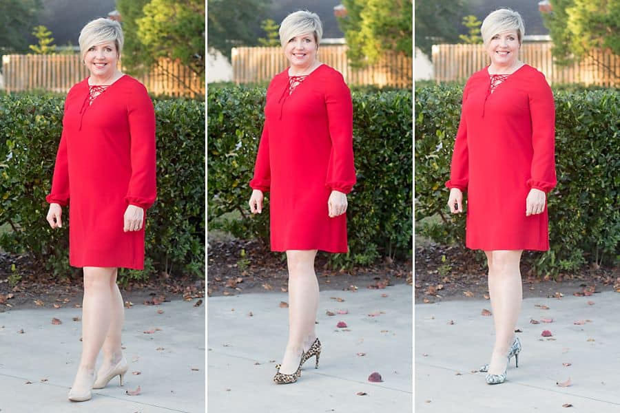 Red Lace Dress with Black Tights & Blazer — bows & sequins