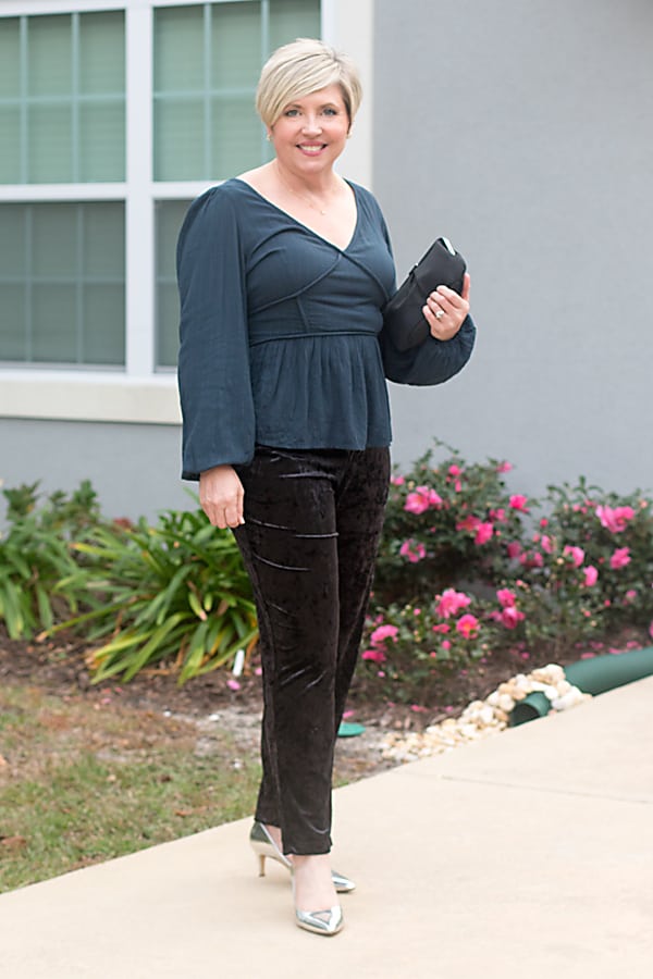 Peplum top and velvet pants outfit