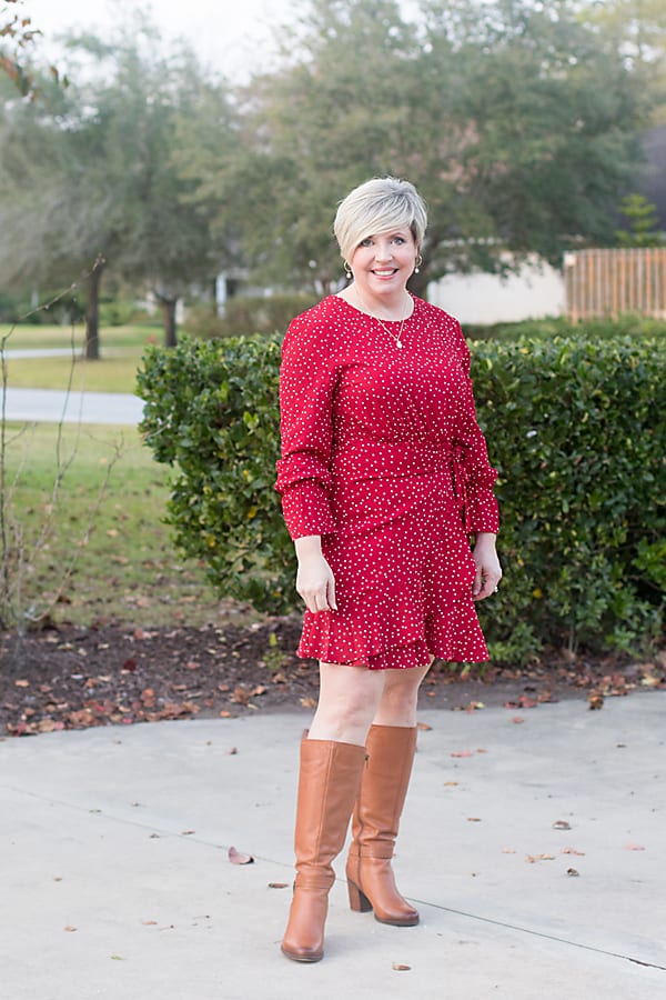 red dot dress with brown cognac boots