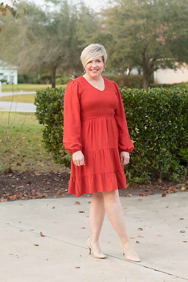 Red dress best sale tan heels