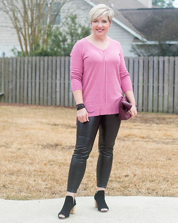 faux leather leggings and tunic sweater outfit