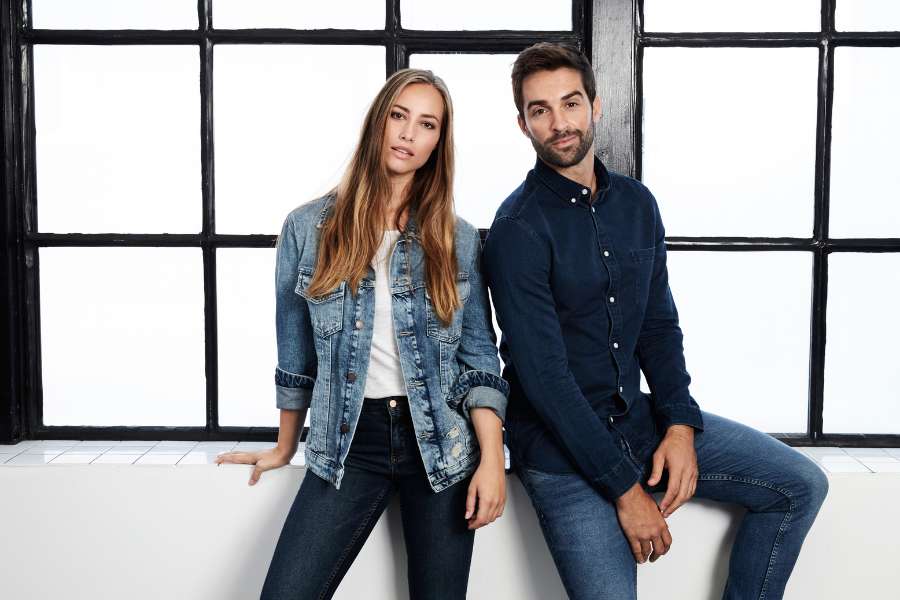 man and woman wearing clothes in denim fabrics