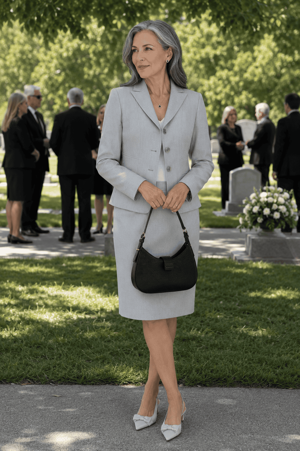 woman in grey suit at summer funeral