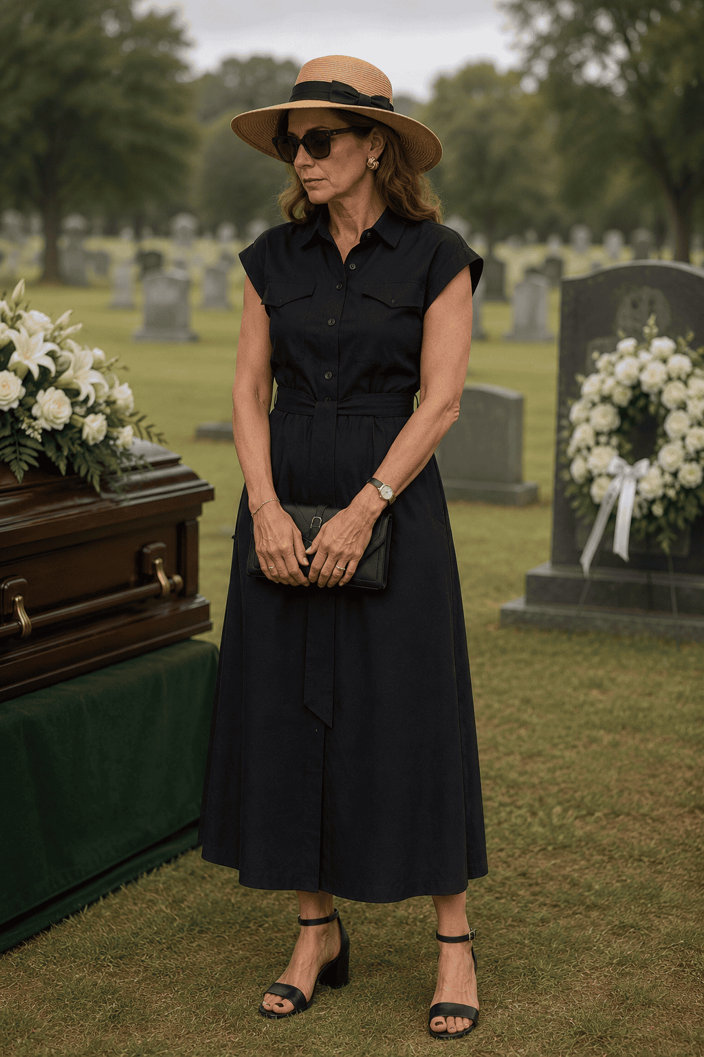 summer funeral outfit cotton linen dress with sunhat