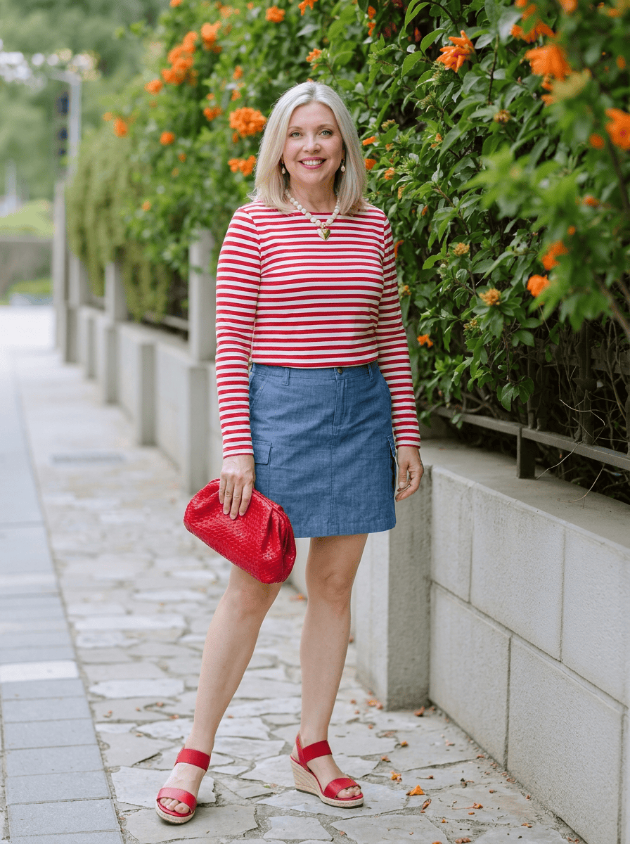 red striped top and chambray skort outfit