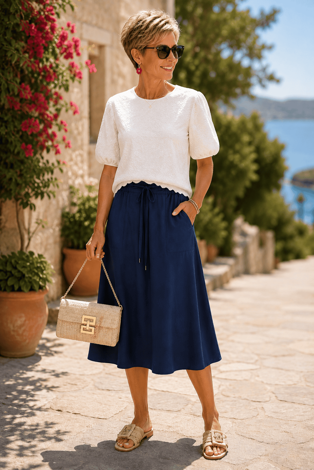 puff sleeve embroidered top and navy skirt outfit